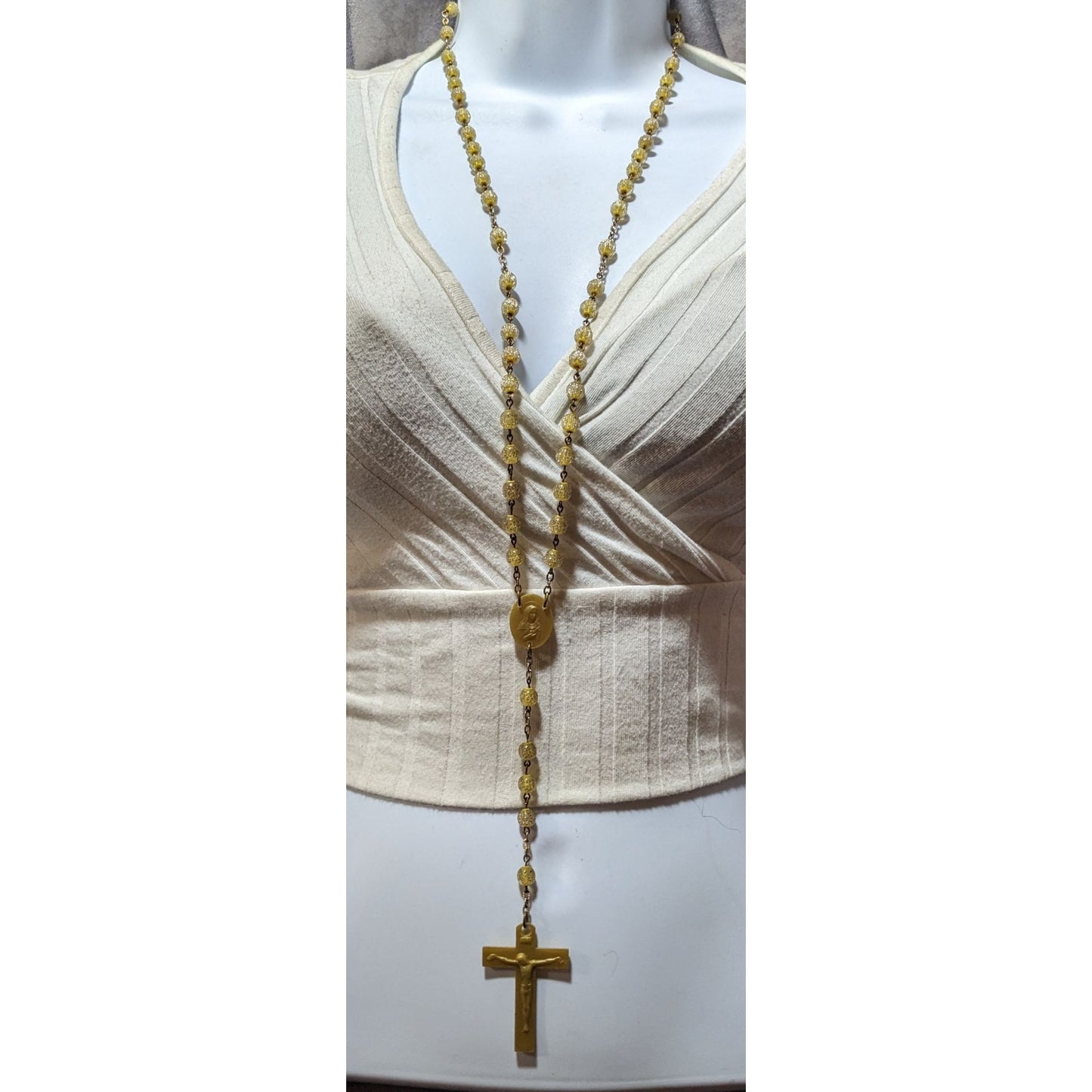 Gold Tone Yellow Glitter Beaded Rosary Necklace