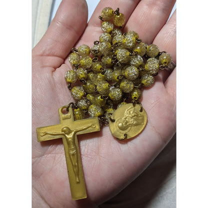 Gold Tone Yellow Glitter Beaded Rosary Necklace