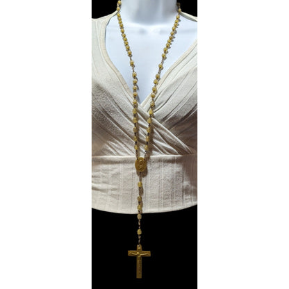 Gold Tone Yellow Glitter Beaded Rosary Necklace