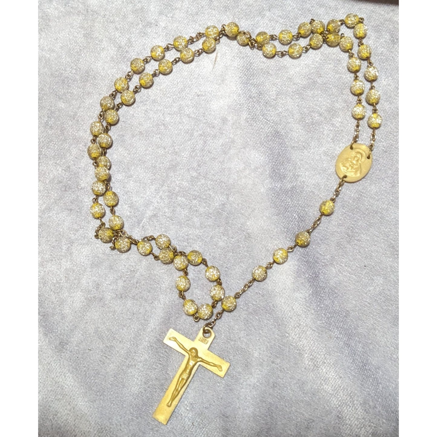 Gold Tone Yellow Glitter Beaded Rosary Necklace