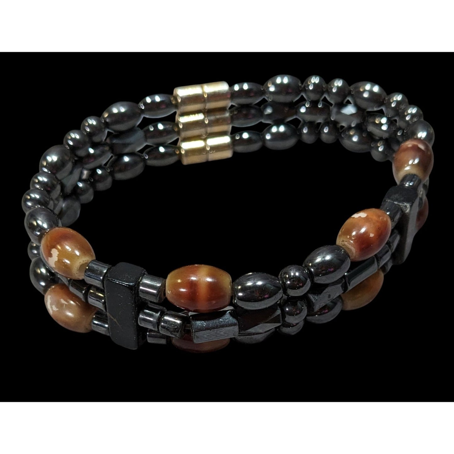 Men's Hematite And Brown Glass Layered Beaded Magnetic Bracelet