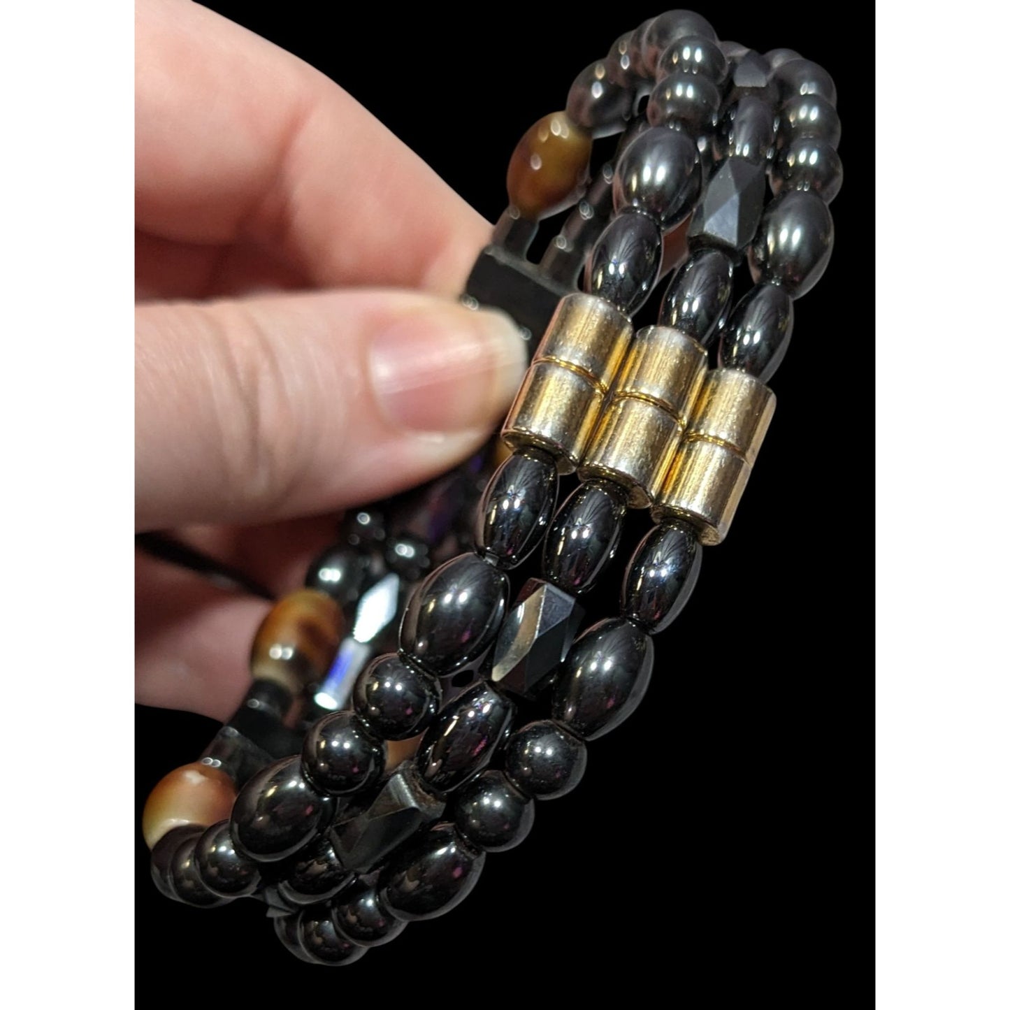 Men's Hematite And Brown Glass Layered Beaded Magnetic Bracelet