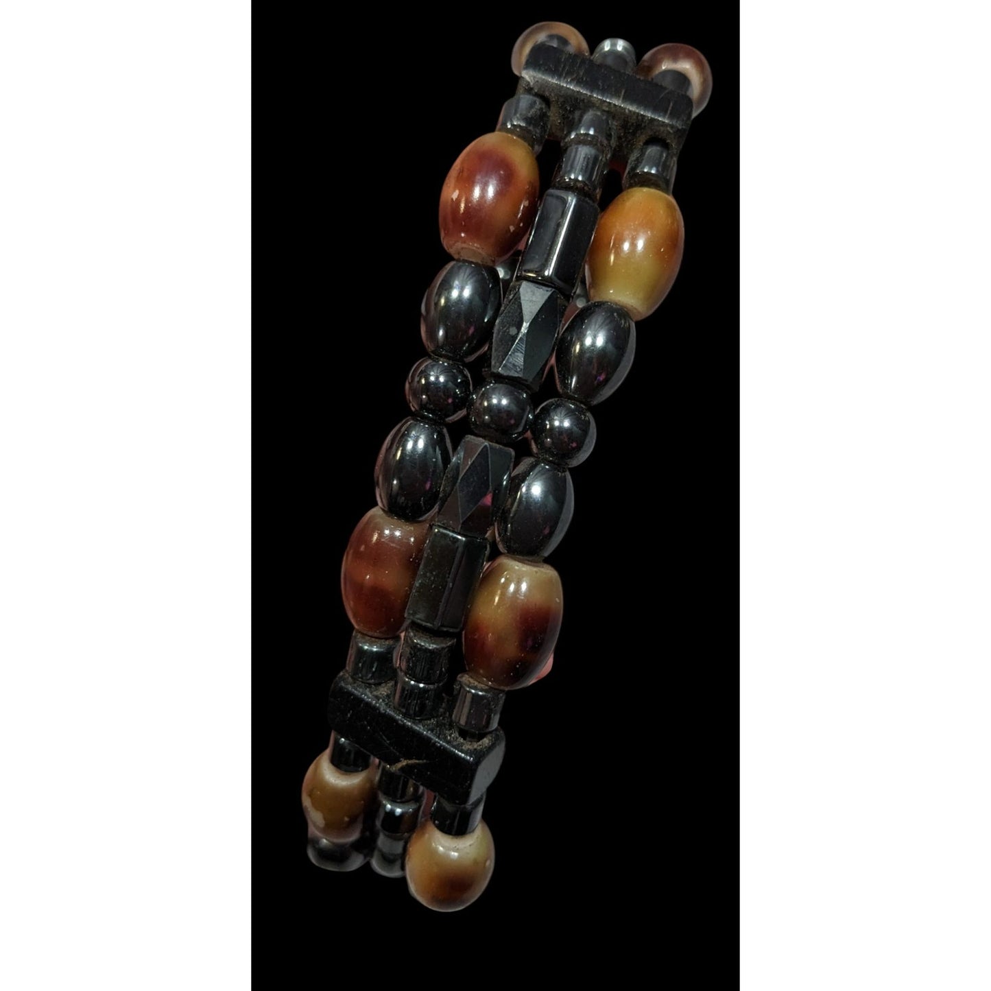 Men's Hematite And Brown Glass Layered Beaded Magnetic Bracelet