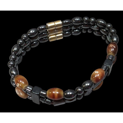 Men's Hematite And Brown Glass Layered Beaded Magnetic Bracelet