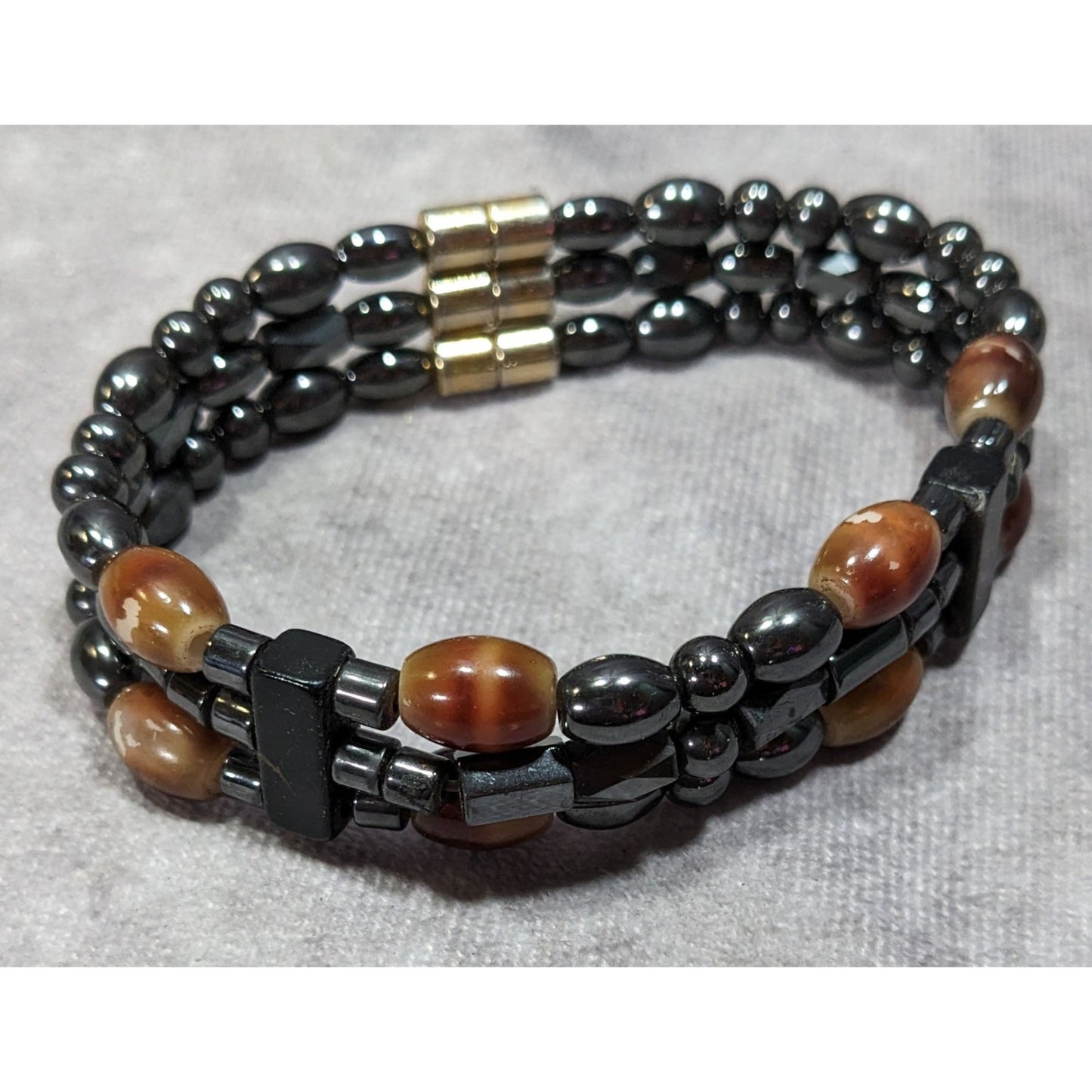 Men's Hematite And Brown Glass Layered Beaded Magnetic Bracelet