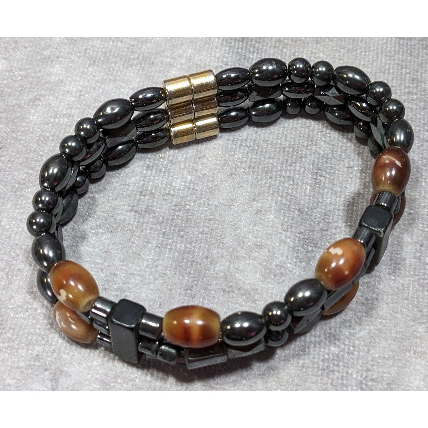 Men's Hematite And Brown Glass Layered Beaded Magnetic Bracelet