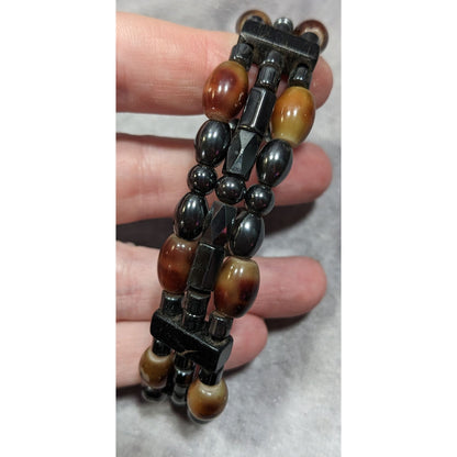 Men's Hematite And Brown Glass Layered Beaded Magnetic Bracelet
