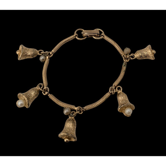 Vintage Gold Bell Charm Bracelet Faux Pearl Dangle Charm Bracelet Retro Cottagecore Whimsical Jewelry