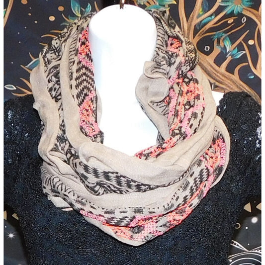 Southwestern Infinity Scarf With Bright Embroidery Beige & Black Woven Pattern