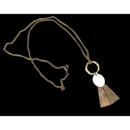 Geometric Abstract Wood And Shell Pendant Necklace