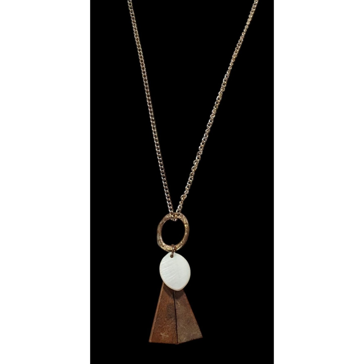 Geometric Abstract Wood And Shell Pendant Necklace