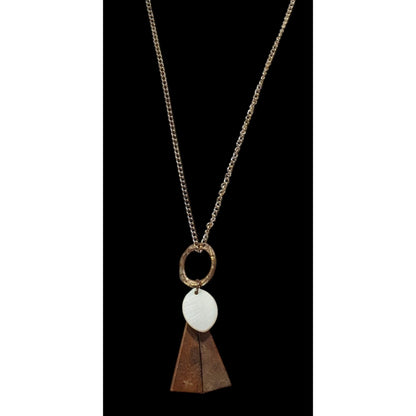 Geometric Abstract Wood And Shell Pendant Necklace