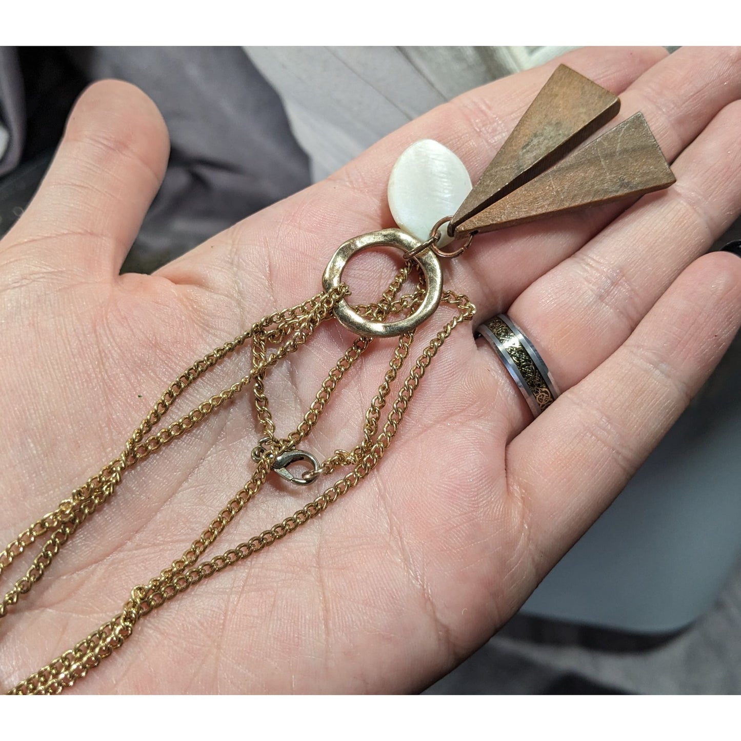 Geometric Abstract Wood And Shell Pendant Necklace