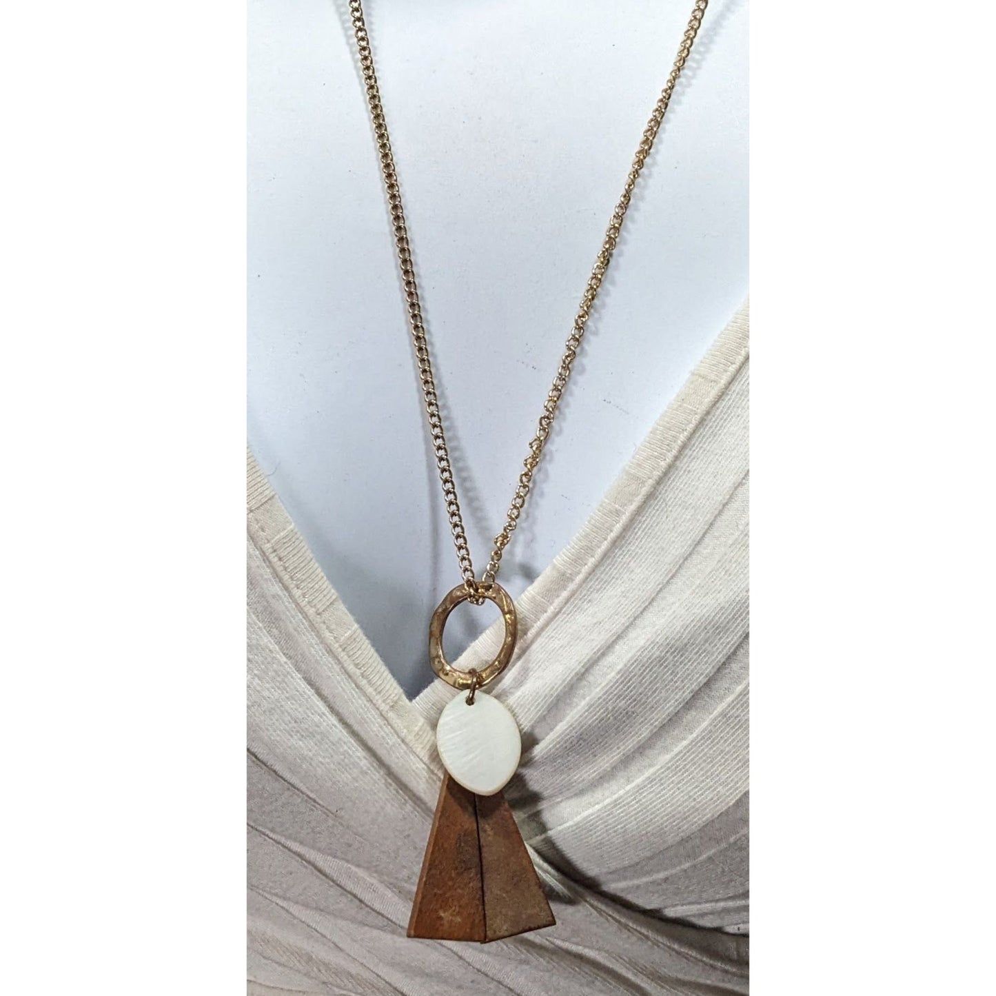 Geometric Abstract Wood And Shell Pendant Necklace