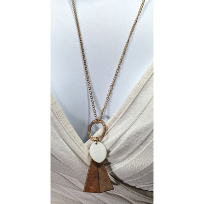 Geometric Abstract Wood And Shell Pendant Necklace