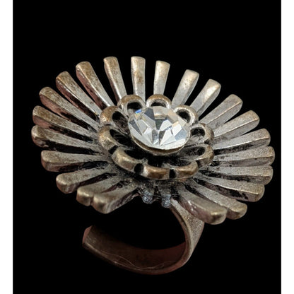 Vintage Adjustable Silver Tone Sunburst Ring With Rhinestone Accent