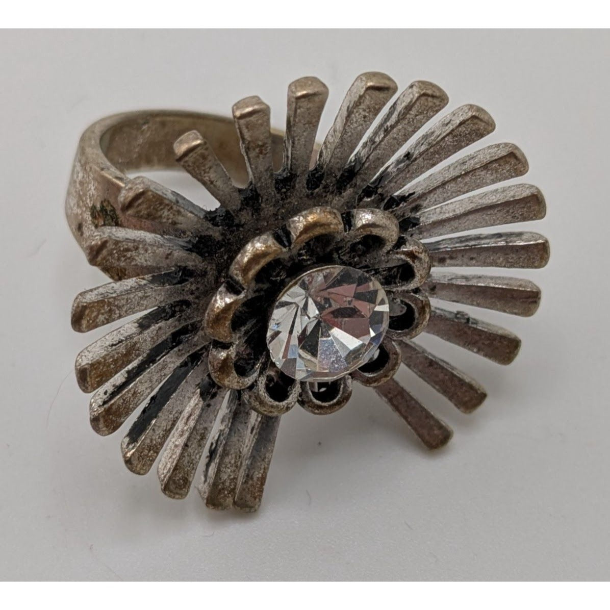 Vintage Adjustable Silver Tone Sunburst Ring With Rhinestone Accent