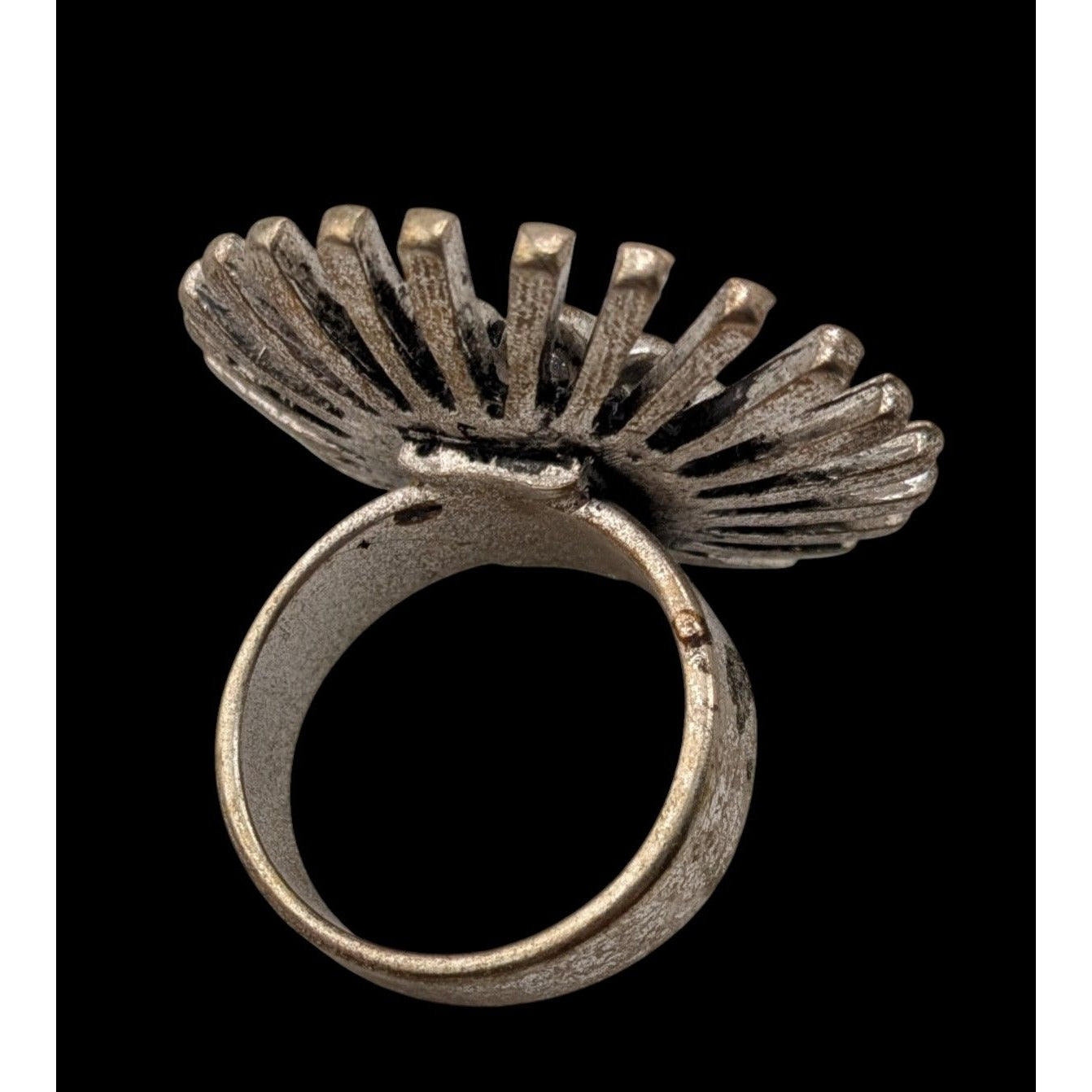 Vintage Adjustable Silver Tone Sunburst Ring With Rhinestone Accent