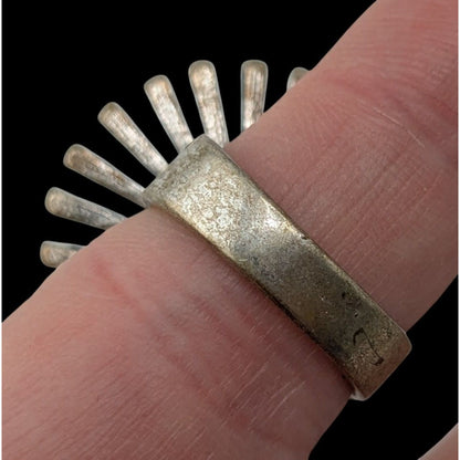 Vintage Adjustable Silver Tone Sunburst Ring With Rhinestone Accent