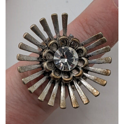 Vintage Adjustable Silver Tone Sunburst Ring With Rhinestone Accent