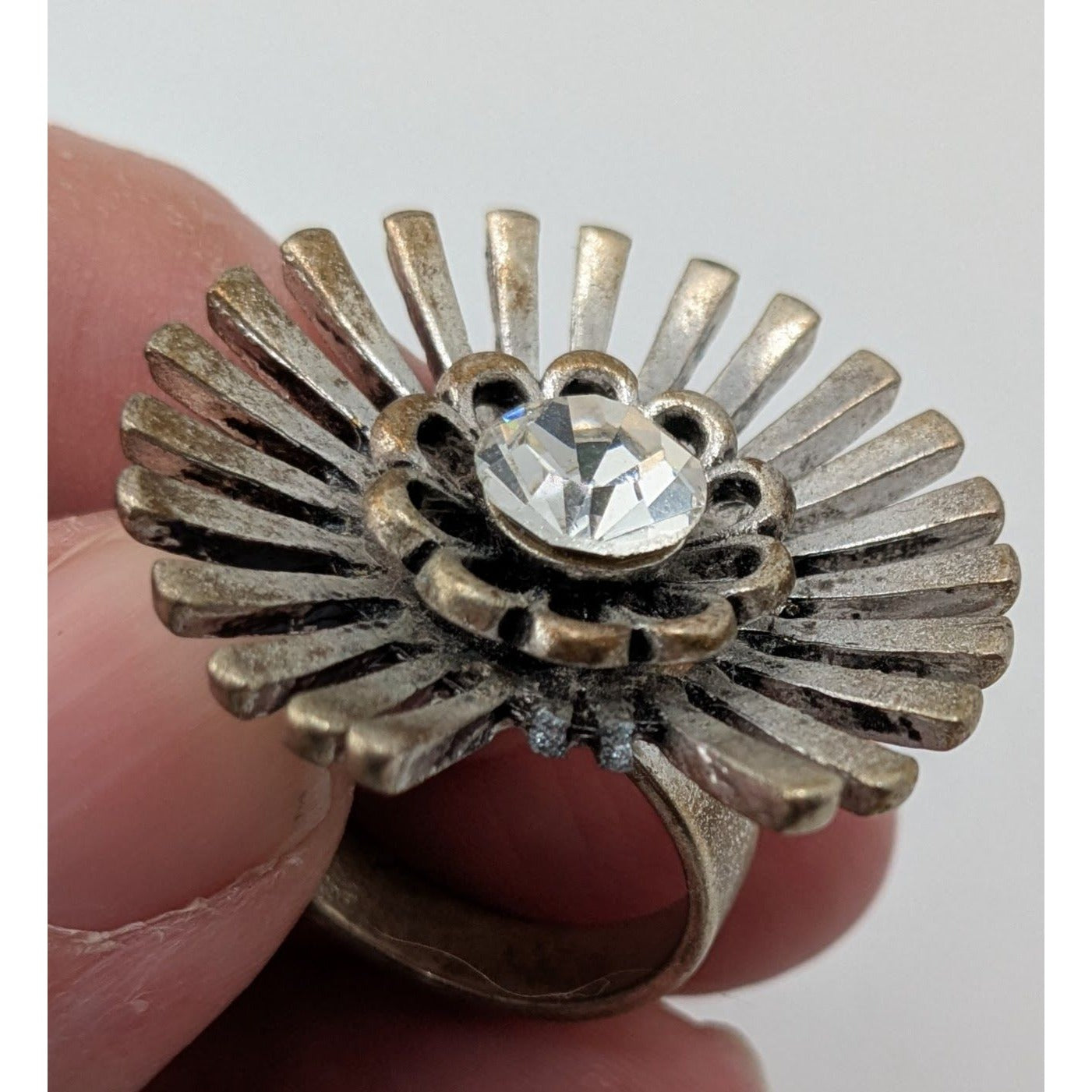Vintage Adjustable Silver Tone Sunburst Ring With Rhinestone Accent