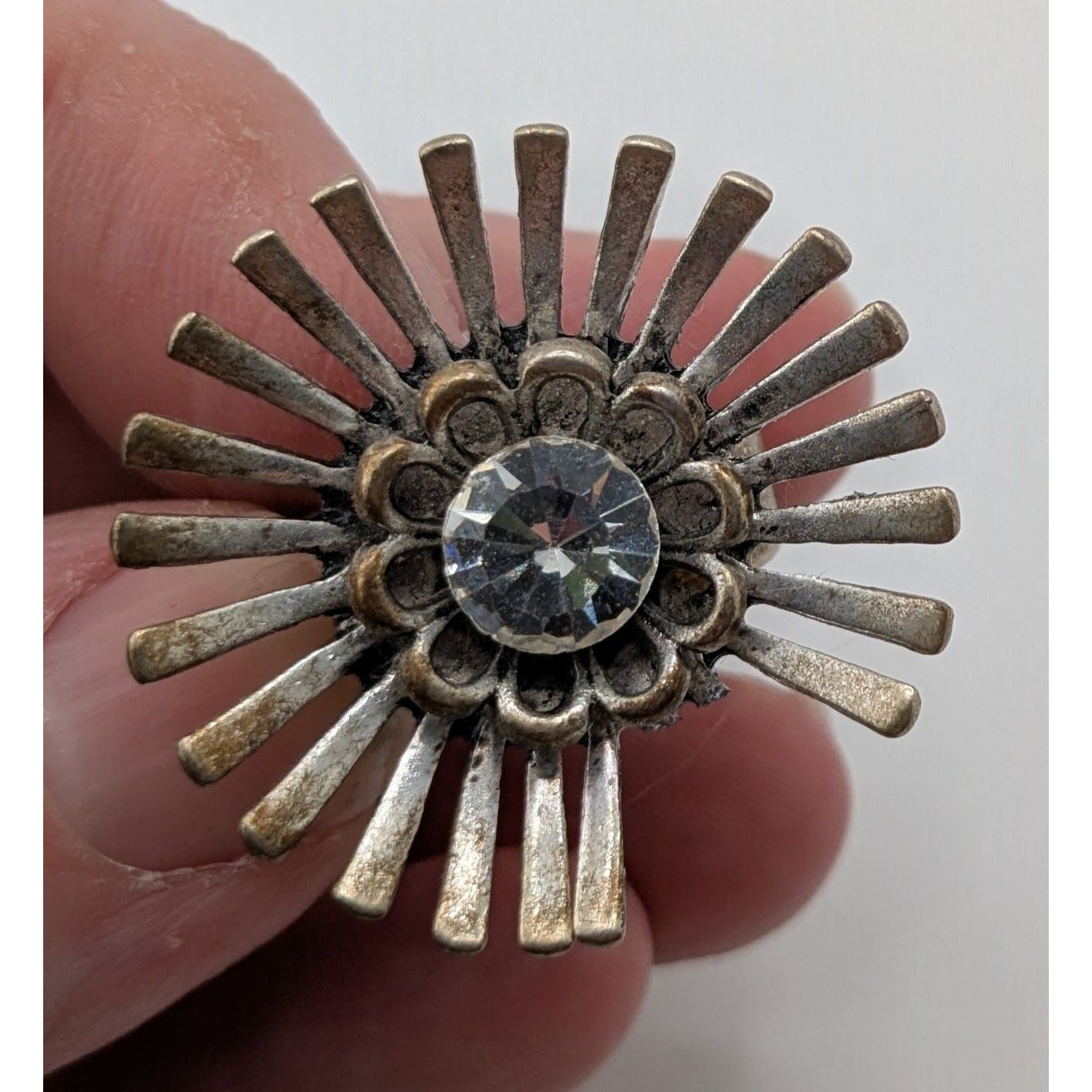 Vintage Adjustable Silver Tone Sunburst Ring With Rhinestone Accent