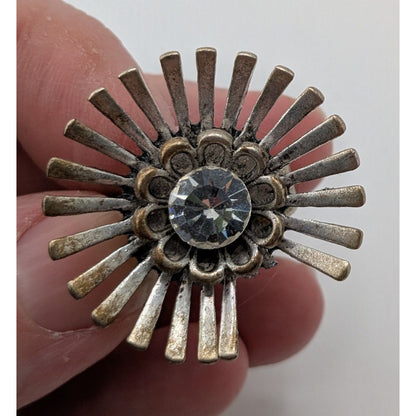 Vintage Adjustable Silver Tone Sunburst Ring With Rhinestone Accent