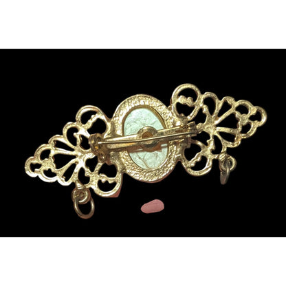 Vintage Regency Style Cream And Gold Tone Filigree Brooch