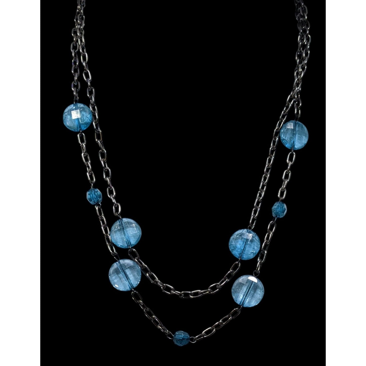 Double Strand Gunmetal Chain Necklace With Blue Crackle Acrylic Beads