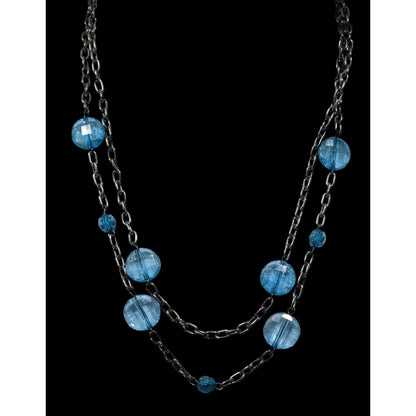 Double Strand Gunmetal Chain Necklace With Blue Crackle Acrylic Beads