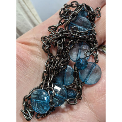 Double Strand Gunmetal Chain Necklace With Blue Crackle Acrylic Beads