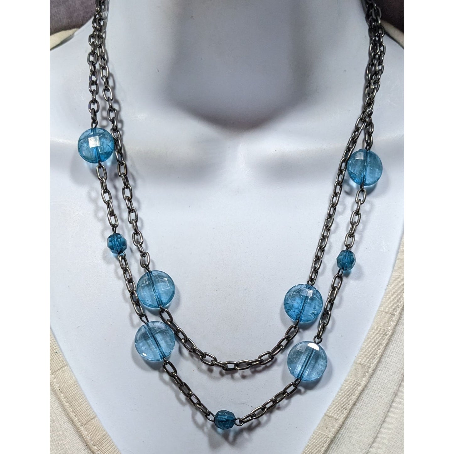 Double Strand Gunmetal Chain Necklace With Blue Crackle Acrylic Beads