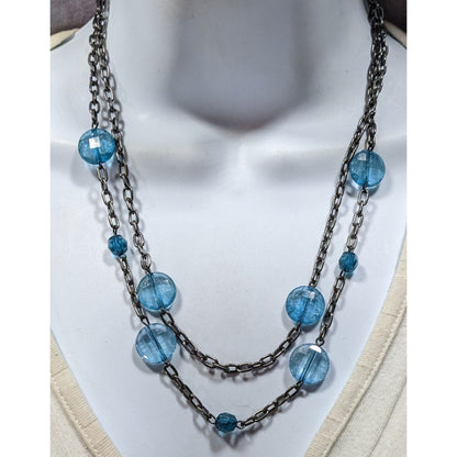 Double Strand Gunmetal Chain Necklace With Blue Crackle Acrylic Beads