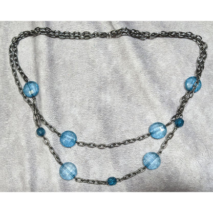 Double Strand Gunmetal Chain Necklace With Blue Crackle Acrylic Beads