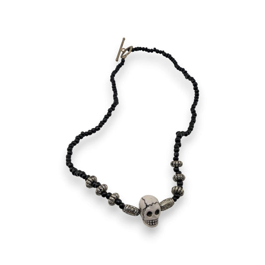 Handmade Gothic Skull Necklace Black Glass Beads Ceramic Pendant Silver Tone