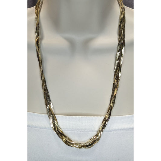 Vintage Gold Tone Herringbone Chain Necklace Braided 80s Glam Statement Jewelry