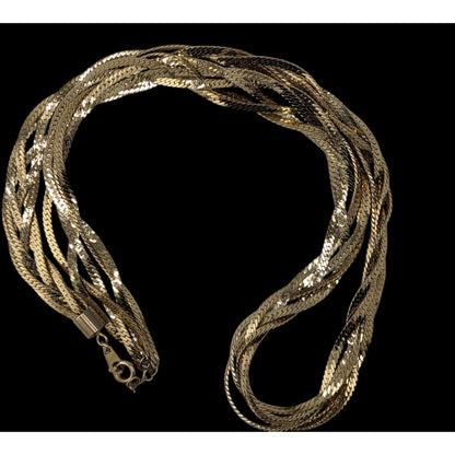 Vintage Gold Tone Herringbone Chain Necklace Braided 80s Glam Statement Jewelry