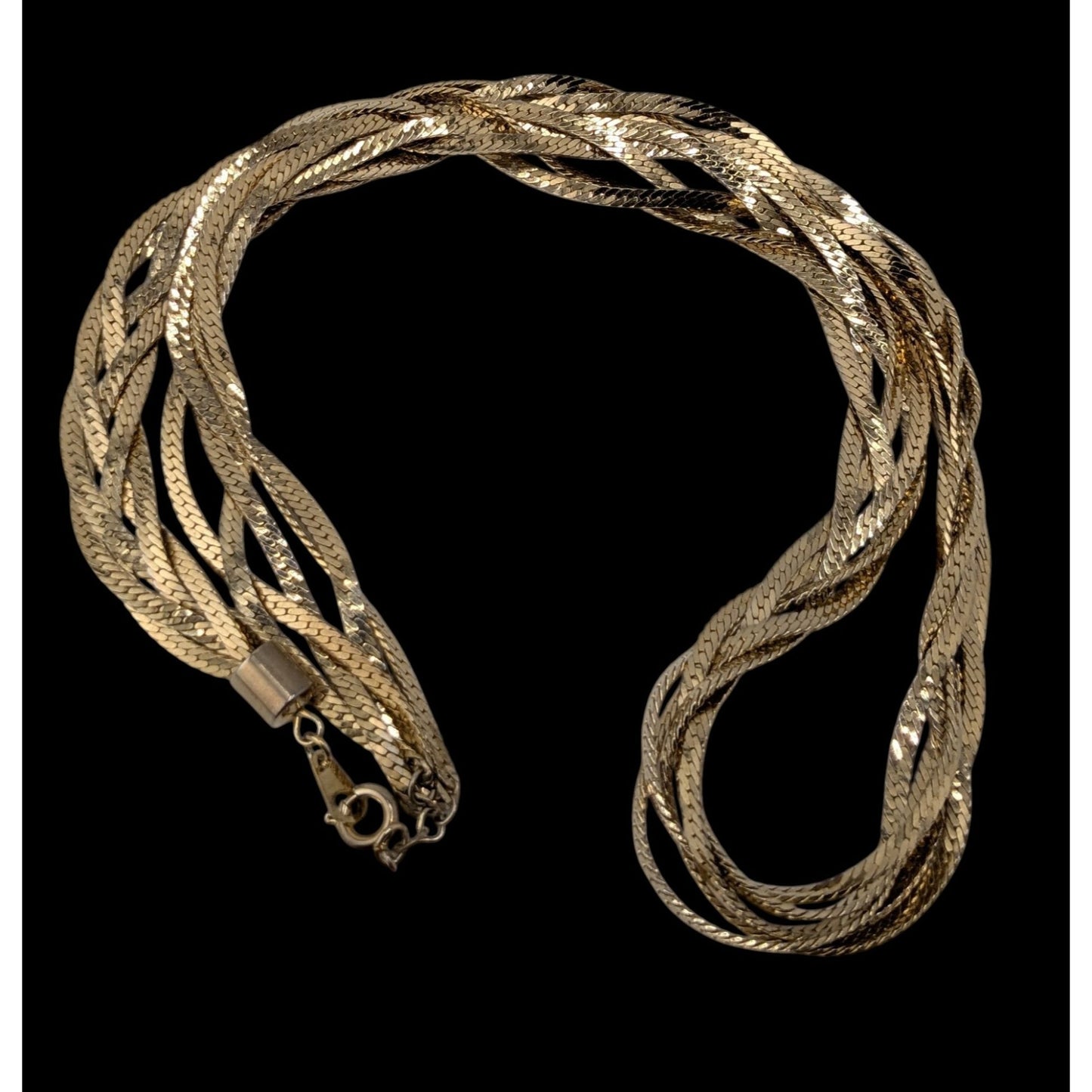 Vintage Gold Tone Herringbone Chain Necklace Braided 80s Glam Statement Jewelry