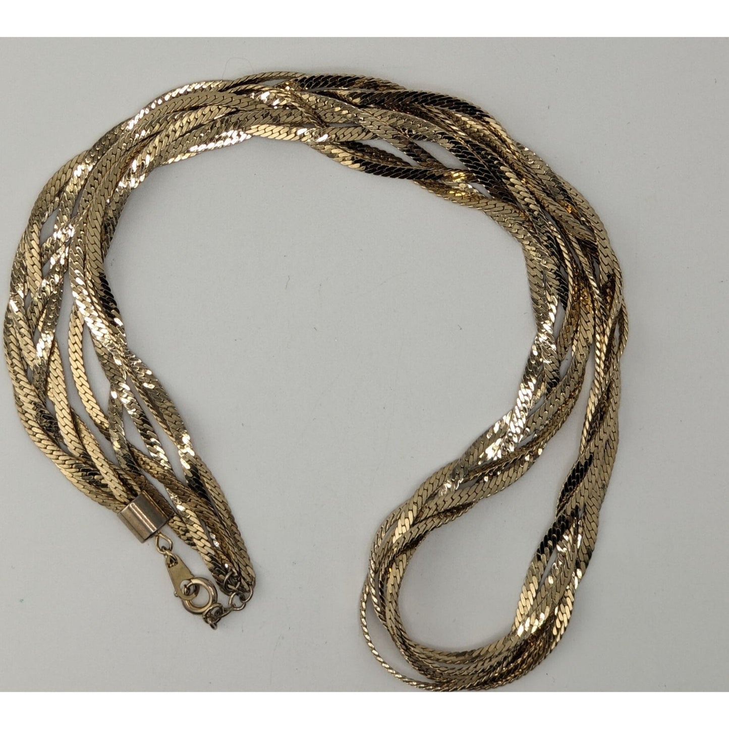 Vintage Gold Tone Herringbone Chain Necklace Braided 80s Glam Statement Jewelry