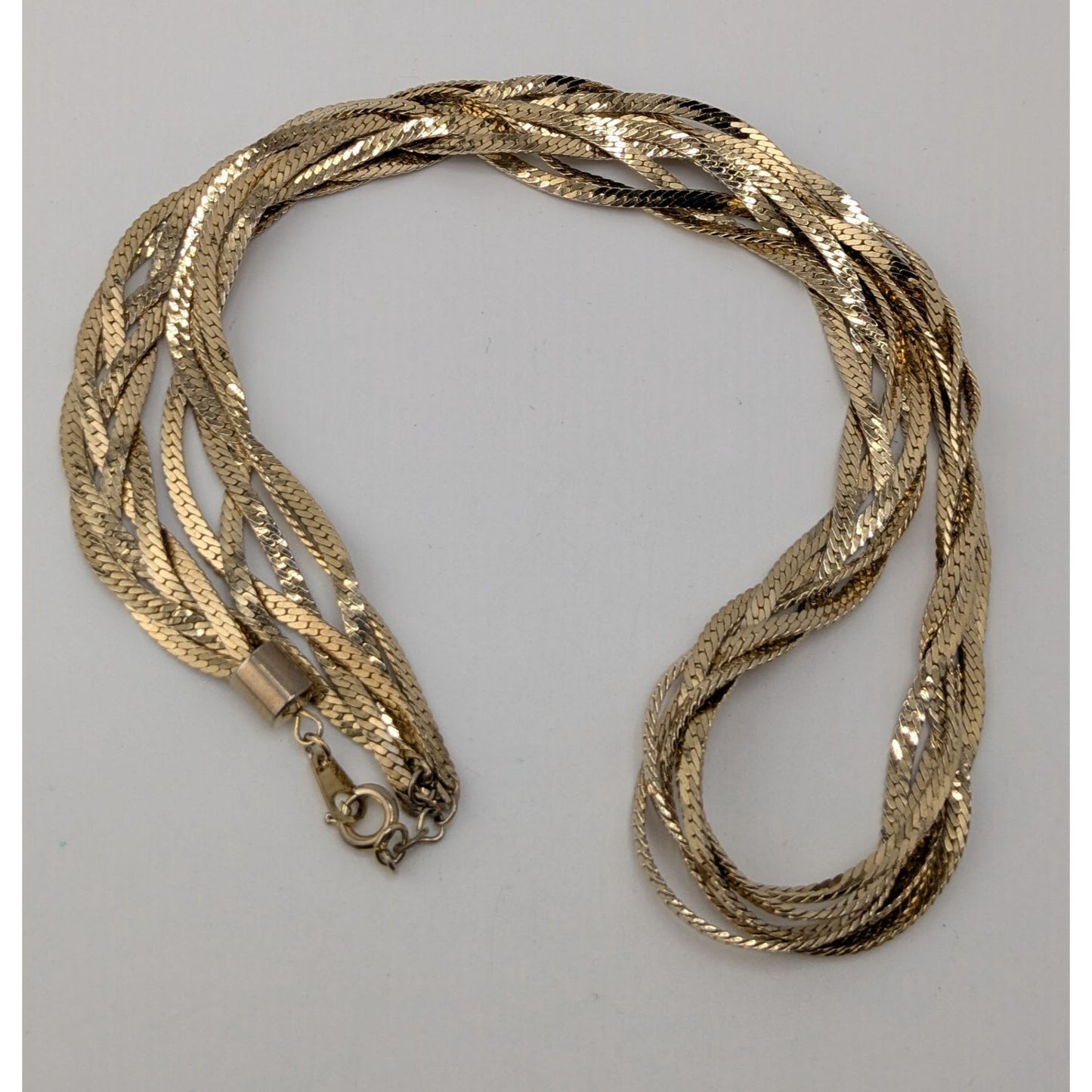 Vintage Gold Tone Herringbone Chain Necklace Braided 80s Glam Statement Jewelry