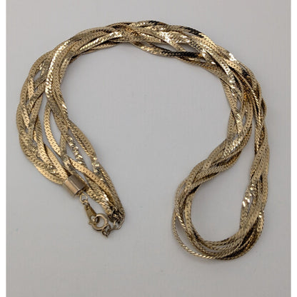 Vintage Gold Tone Herringbone Chain Necklace Braided 80s Glam Statement Jewelry