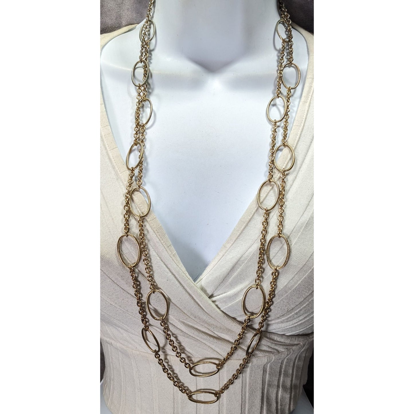 Layered Oval Link Gold Tone Statement Necklace