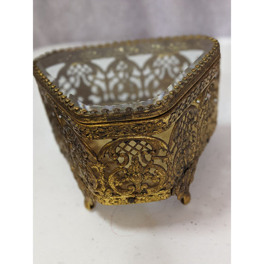 Vintage Gold-Toned Ornate Glass Jewelry Casket 5x4x3 Inches