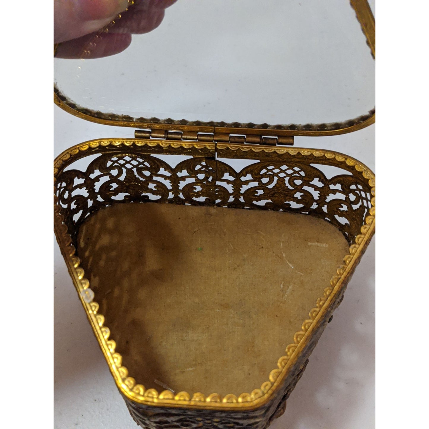 Vintage Gold-Toned Ornate Glass Jewelry Casket 5x4x3 Inches