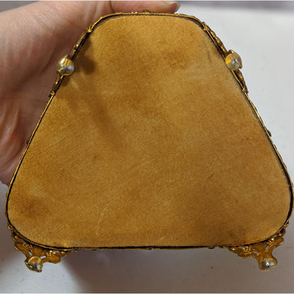 Vintage Gold-Toned Ornate Glass Jewelry Casket 5x4x3 Inches