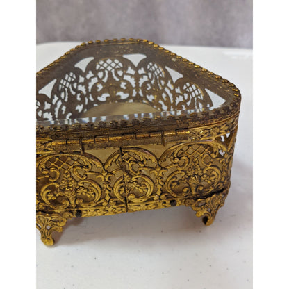 Vintage Gold-Toned Ornate Glass Jewelry Casket 5x4x3 Inches