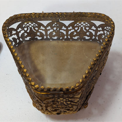 Vintage Gold-Toned Ornate Glass Jewelry Casket 5x4x3 Inches