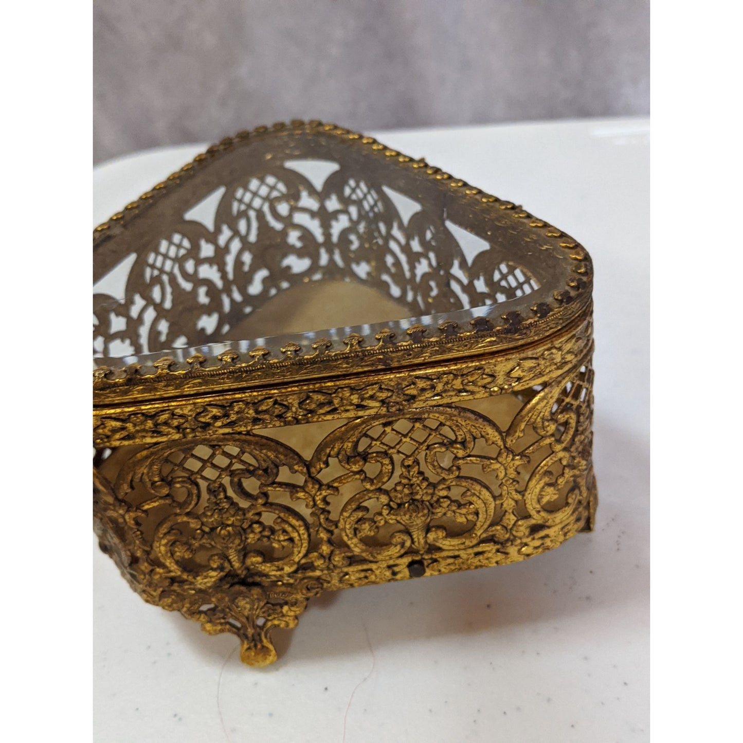Vintage Gold-Toned Ornate Glass Jewelry Casket 5x4x3 Inches