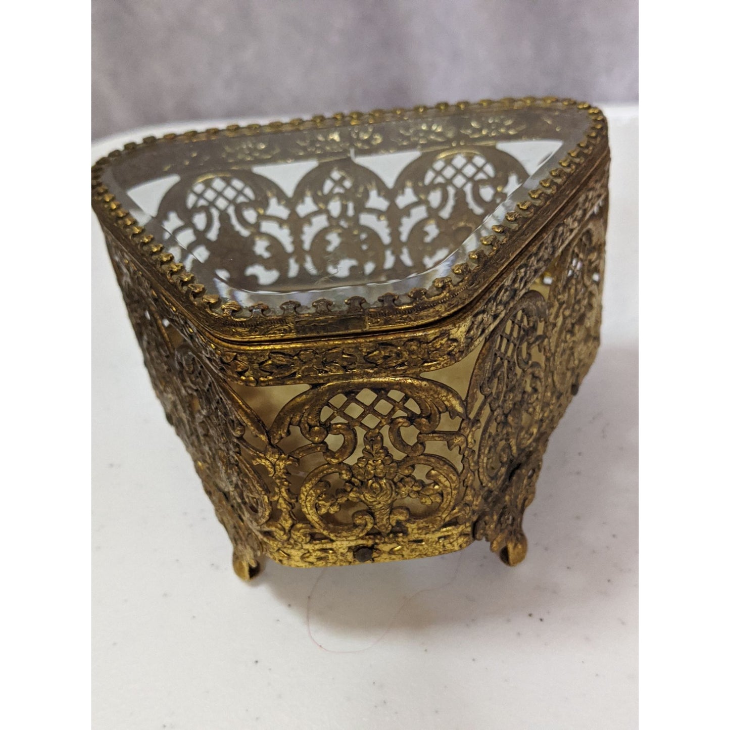 Vintage Gold-Toned Ornate Glass Jewelry Casket 5x4x3 Inches