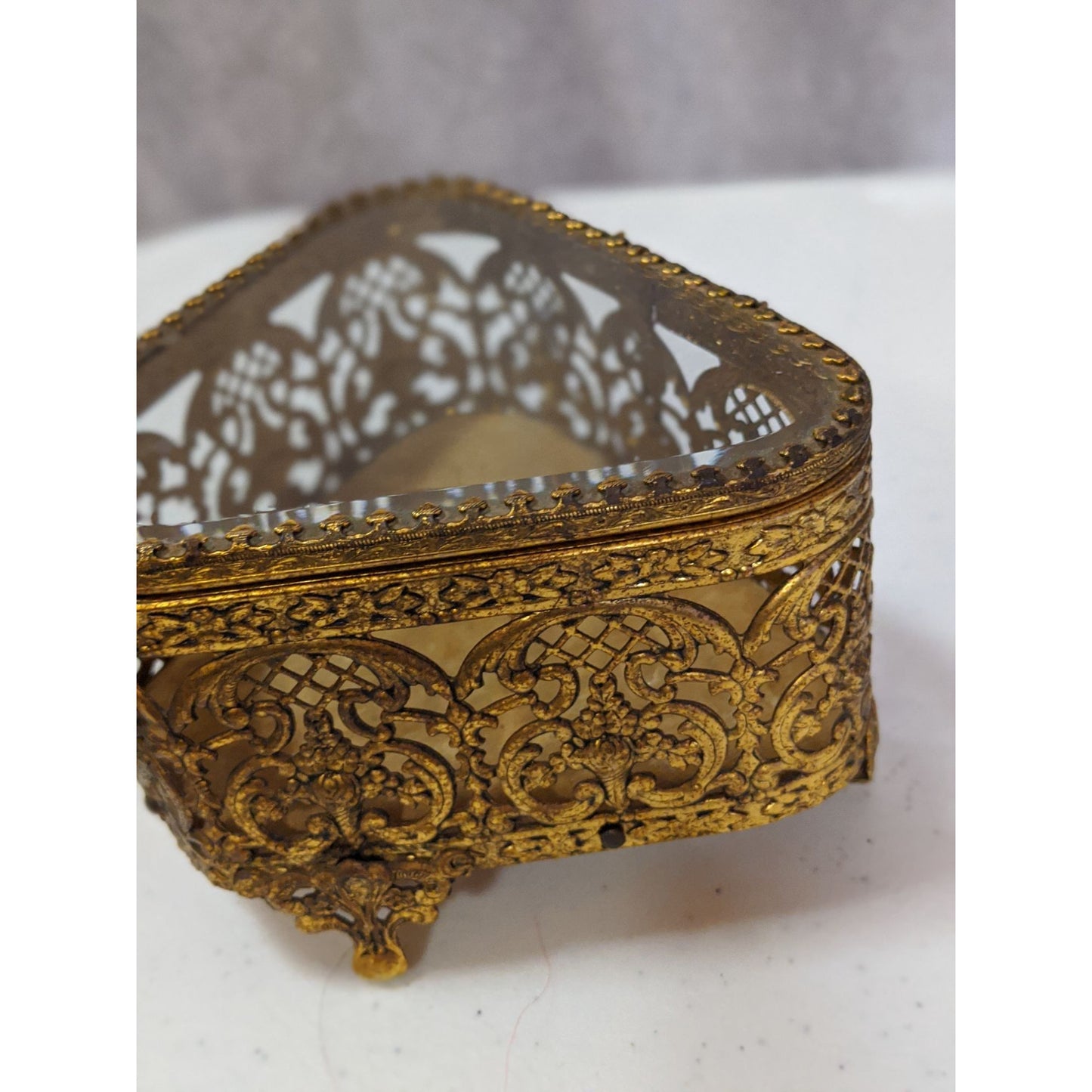 Vintage Gold-Toned Ornate Glass Jewelry Casket 5x4x3 Inches
